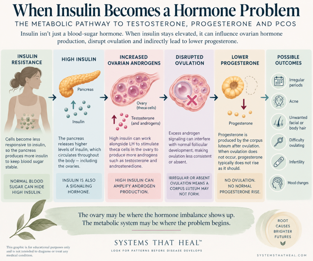 How insulin resistance and high insulin can increase ovarian androgen production, disrupt ovulation and contribute to lower progesterone in PCOS.