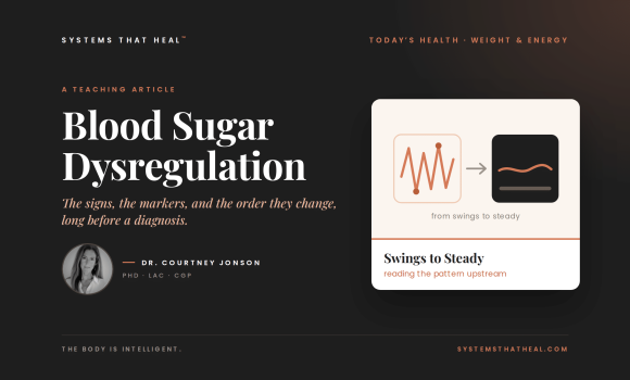 Teaching graphic of a steady blood sugar line beside a spiking and crashing line, with Dr. Courtney Jonson
