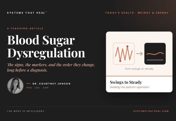 Teaching graphic of a steady blood sugar line beside a spiking and crashing line, with Dr. Courtney Jonson