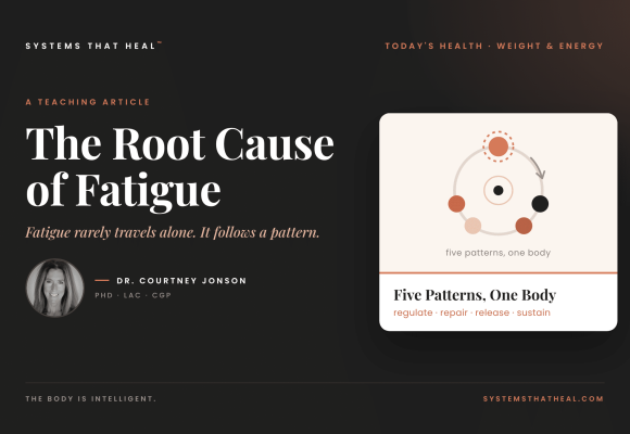 Teaching figure of five connected patterns behind the root cause of fatigue, with Dr. Courtney Jonson
