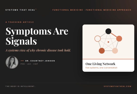 Teaching graphic of five body systems connected as one network, with one link highlighted, with Dr. Courtney Jonson